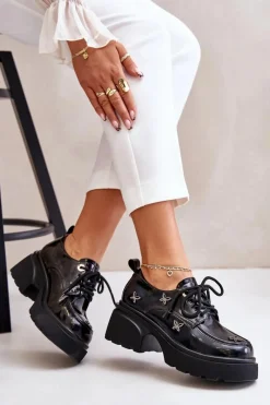 Outlet Lakierowane Półbuty Damskie Z Ozdobami Skóra Naturalna 55C0419 Czarne Damskie Półbuty Lakierowane|Półbuty Skórzane