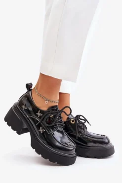 Outlet Lakierowane Półbuty Damskie Z Ozdobami Skóra Naturalna 55C0419 Czarne Damskie Półbuty Lakierowane|Półbuty Skórzane