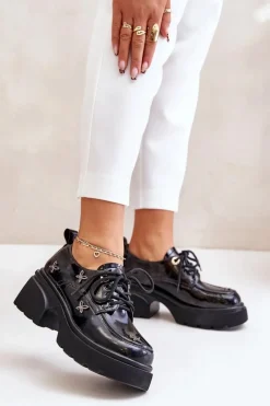 Outlet Lakierowane Półbuty Damskie Z Ozdobami Skóra Naturalna 55C0419 Czarne Damskie Półbuty Lakierowane|Półbuty Skórzane