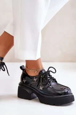 Outlet Lakierowane Półbuty Damskie Z Ozdobami Skóra Naturalna 55C0419 Czarne Damskie Półbuty Lakierowane|Półbuty Skórzane