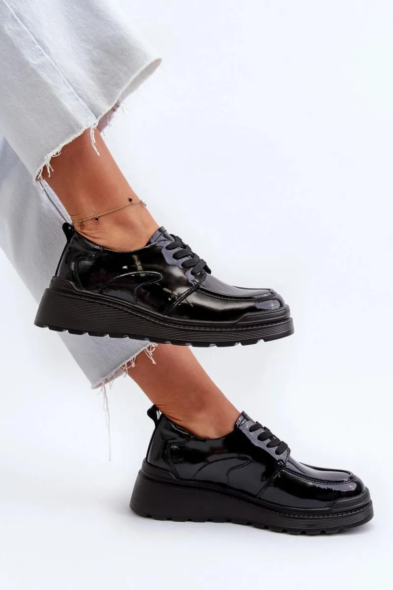 Outlet Evento Lakierowane Półbuty Damskie Skóra Naturalna Czarne Scadaria