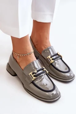 Hot Lakierowane Półbuty Damskie Na Klocku Z Ozdobą 55C0412 Szare Damskie Półbuty Skórzane