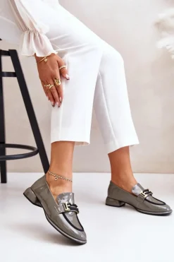 Hot Lakierowane Półbuty Damskie Na Klocku Z Ozdobą 55C0412 Szare Damskie Półbuty Skórzane