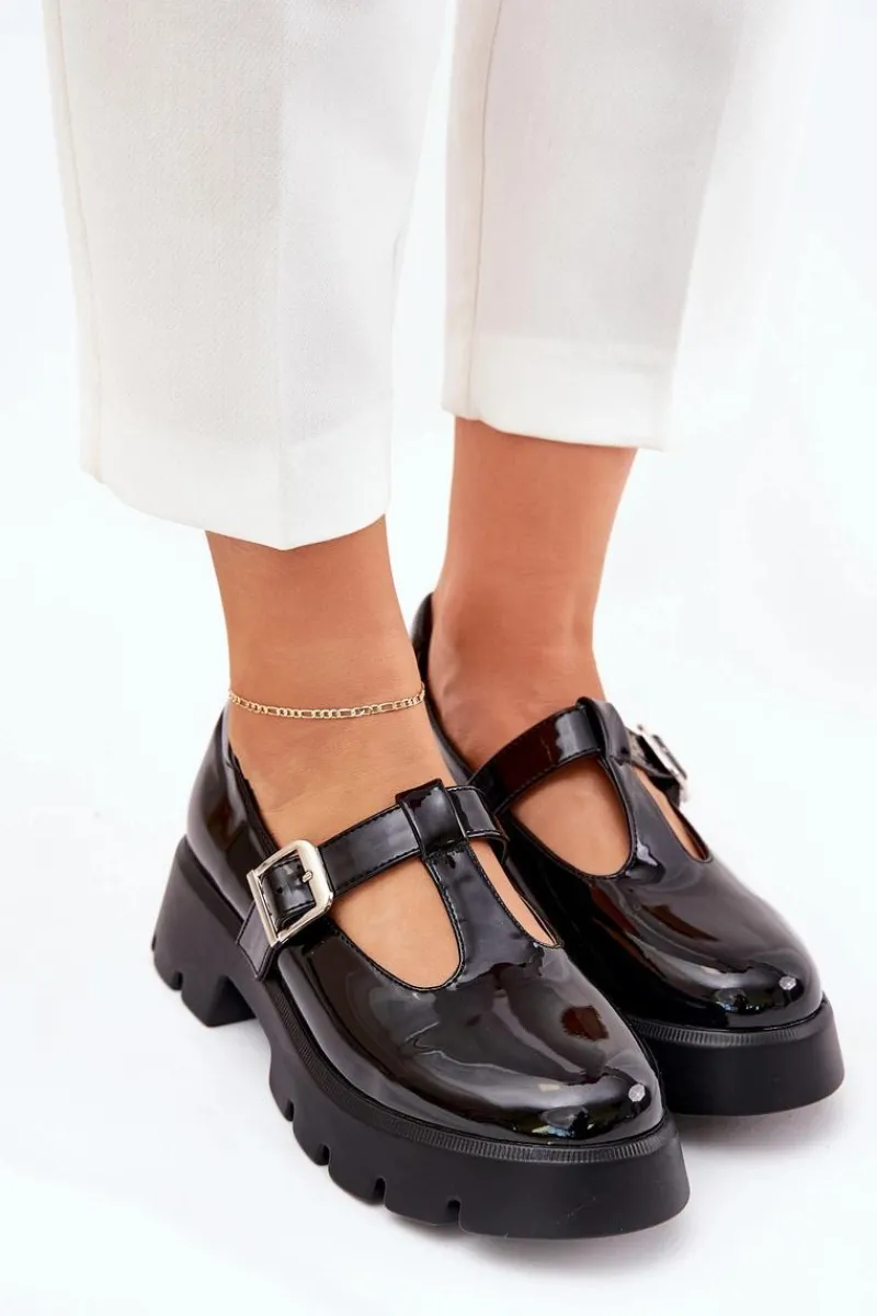 Półbuty Skórzane>Boto Lakierowane Półbuty Damskie Z Klamrą Na Platformie I Płaskim Obcasie Czarne Venda