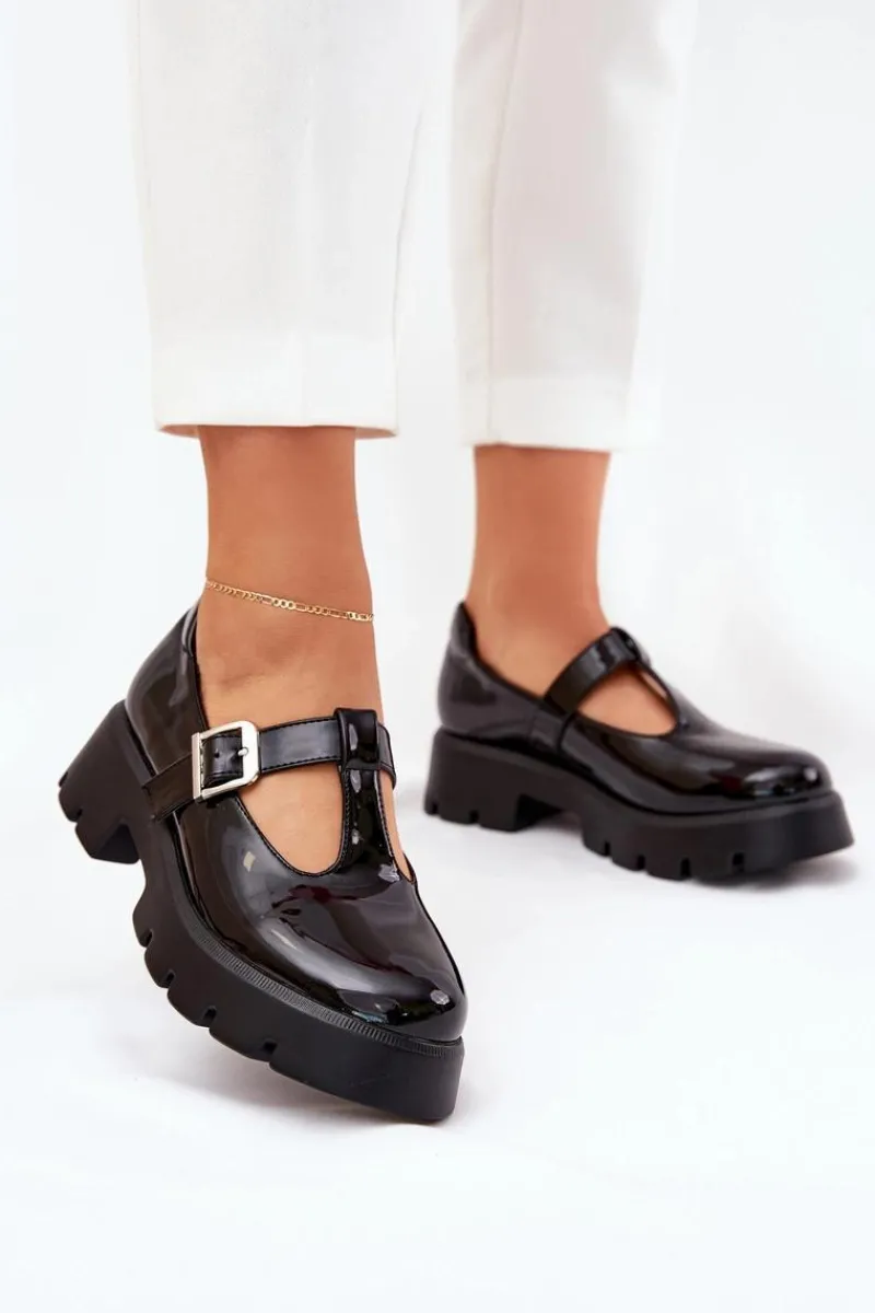 Półbuty Skórzane>Boto Lakierowane Półbuty Damskie Z Klamrą Na Platformie I Płaskim Obcasie Czarne Venda