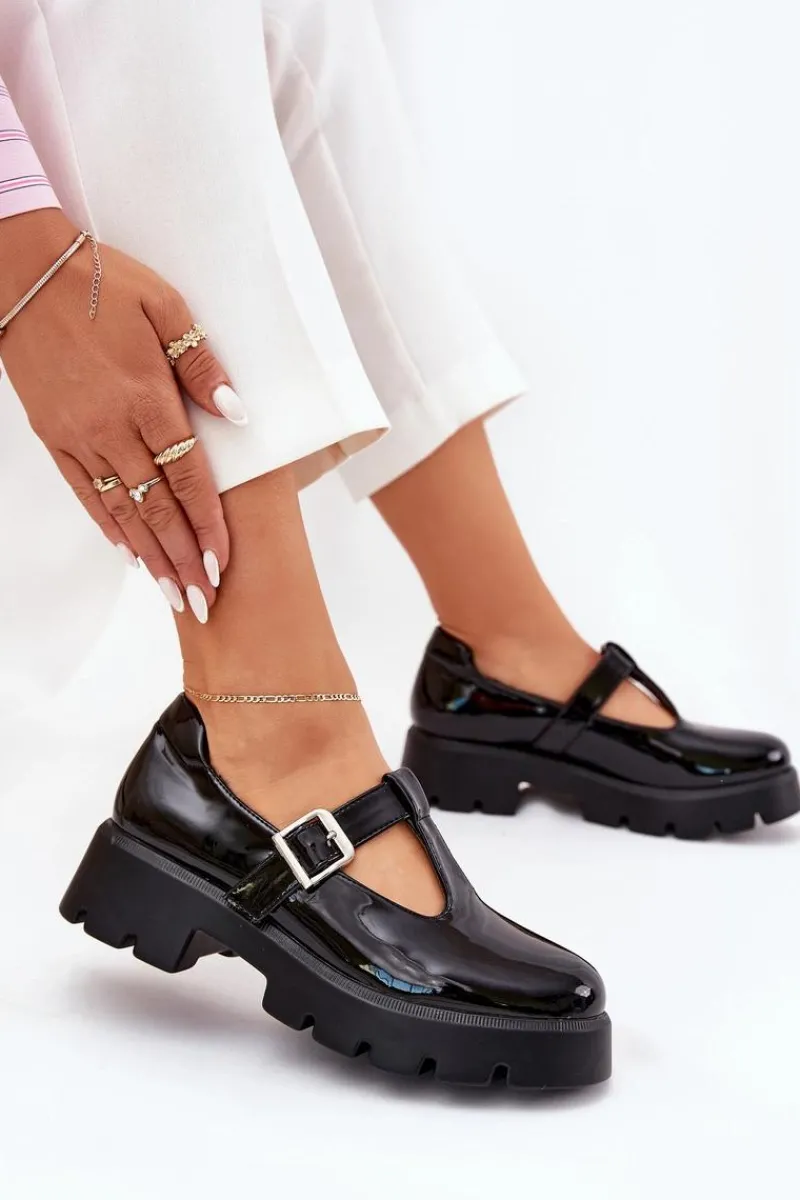 Półbuty Skórzane>Boto Lakierowane Półbuty Damskie Z Klamrą Na Platformie I Płaskim Obcasie Czarne Venda