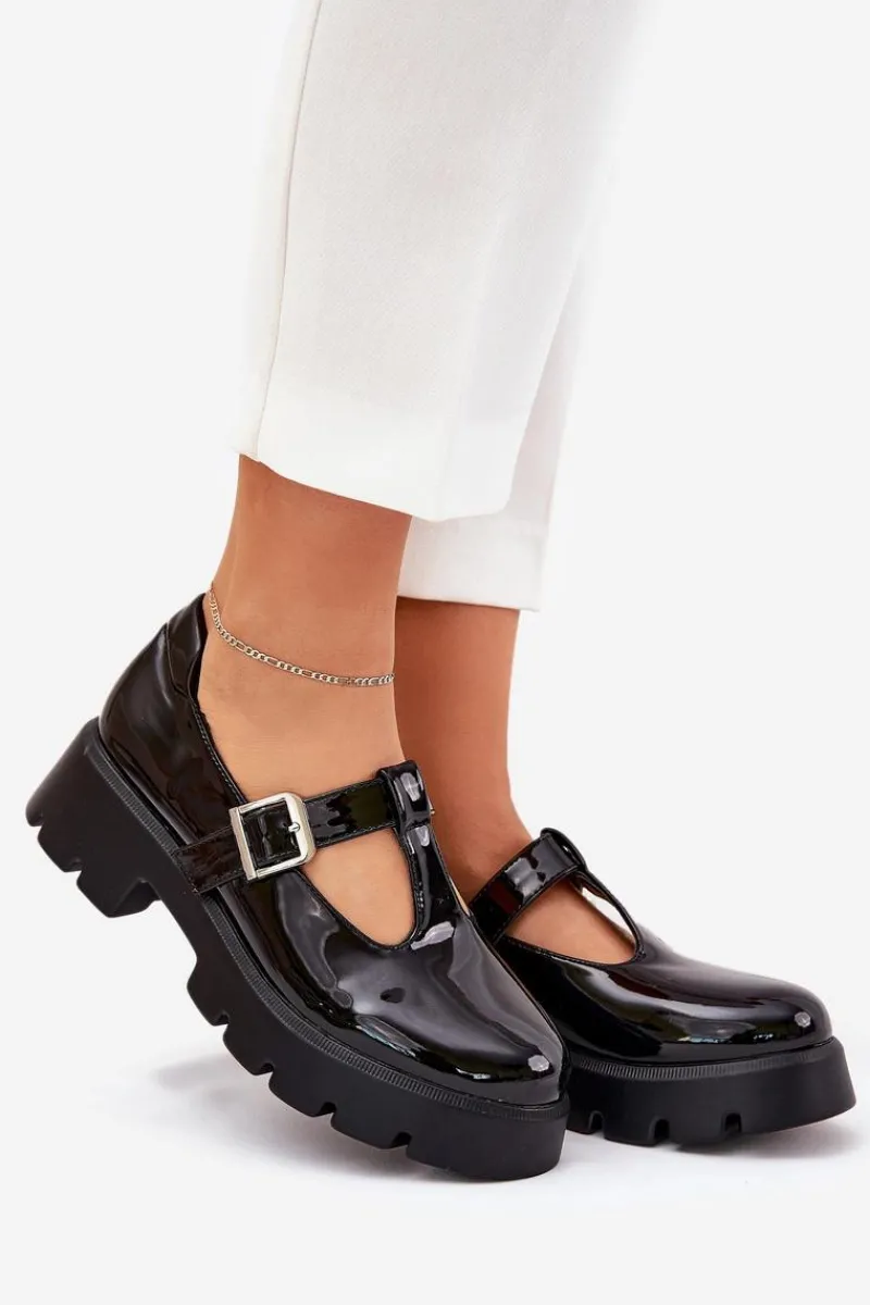 Półbuty Skórzane>Boto Lakierowane Półbuty Damskie Z Klamrą Na Platformie I Płaskim Obcasie Czarne Venda