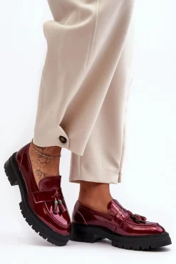 Online Lakierowane Półbuty Loafersy Z Frędzlami Bordowe Velenase Damskie Mokasyny Damskie Lakierowane
