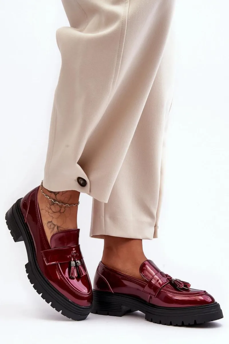 Online Lakierowane Półbuty Loafersy Z Frędzlami Bordowe Velenase Damskie Mokasyny Damskie Lakierowane