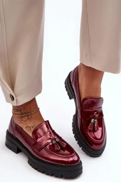 Online Lakierowane Półbuty Loafersy Z Frędzlami Bordowe Velenase Damskie Mokasyny Damskie Lakierowane