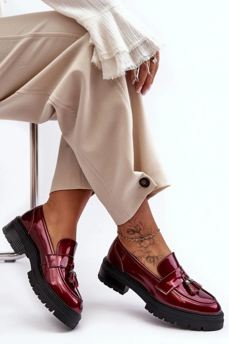 Online Lakierowane Półbuty Loafersy Z Frędzlami Bordowe Velenase Damskie Mokasyny Damskie Lakierowane