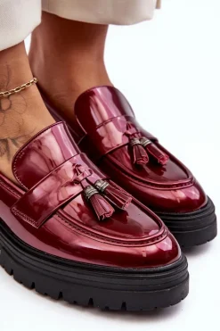 Online Lakierowane Półbuty Loafersy Z Frędzlami Bordowe Velenase Damskie Mokasyny Damskie Lakierowane