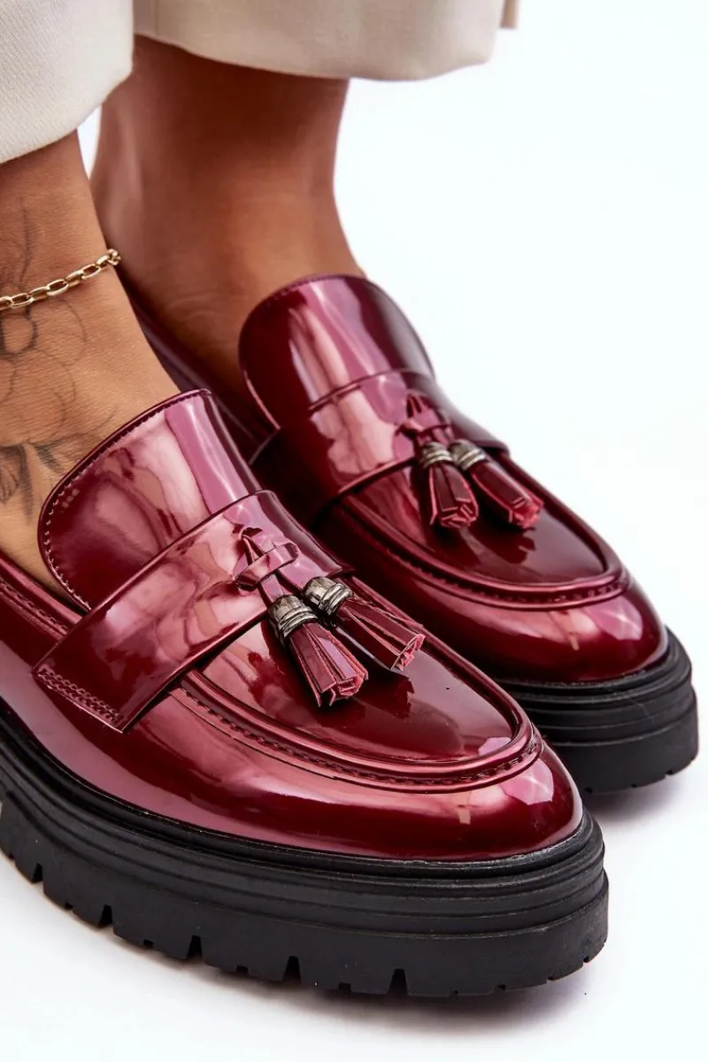 Online Lakierowane Półbuty Loafersy Z Frędzlami Bordowe Velenase Damskie Mokasyny Damskie Lakierowane