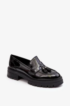 Mokasyny Damskie Lakierowane>Boto Lakierowane Półbuty Loafersy Z Frędzlami Czarne Velenase