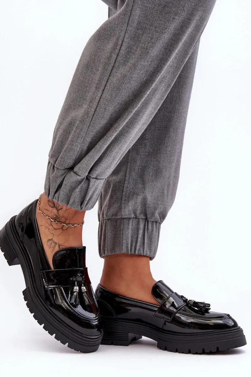 Mokasyny Damskie Lakierowane>Boto Lakierowane Półbuty Loafersy Z Frędzlami Czarne Velenase