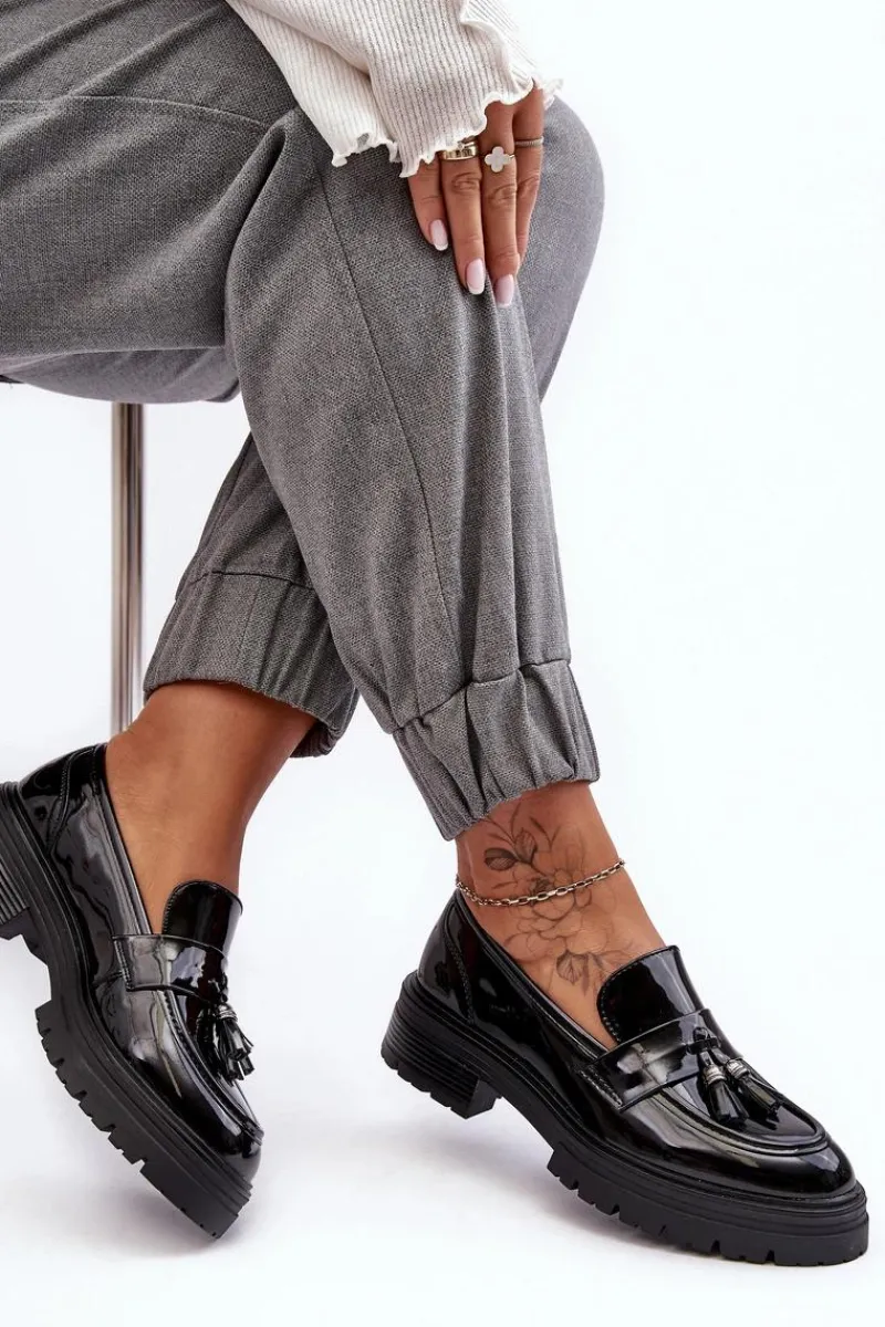 Mokasyny Damskie Lakierowane>Boto Lakierowane Półbuty Loafersy Z Frędzlami Czarne Velenase