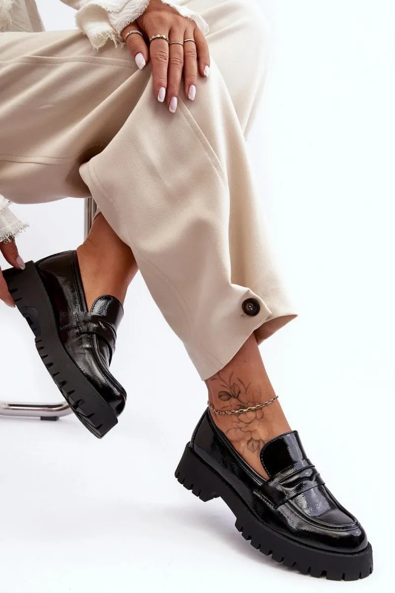 Mokasyny Damskie Lakierowane>Boto Lakierowane Półbuty Loafersy Na Płaskim Obcasie Czarne Jannah