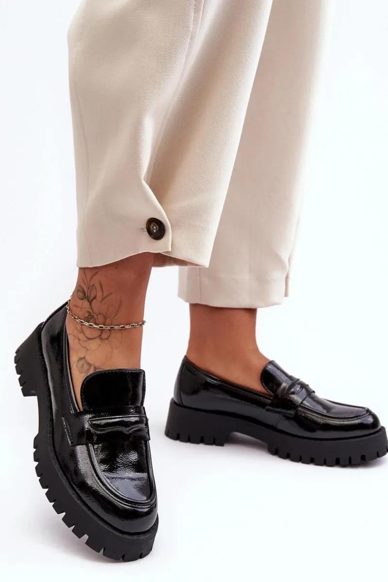 Mokasyny Damskie Lakierowane>Boto Lakierowane Półbuty Loafersy Na Płaskim Obcasie Czarne Jannah