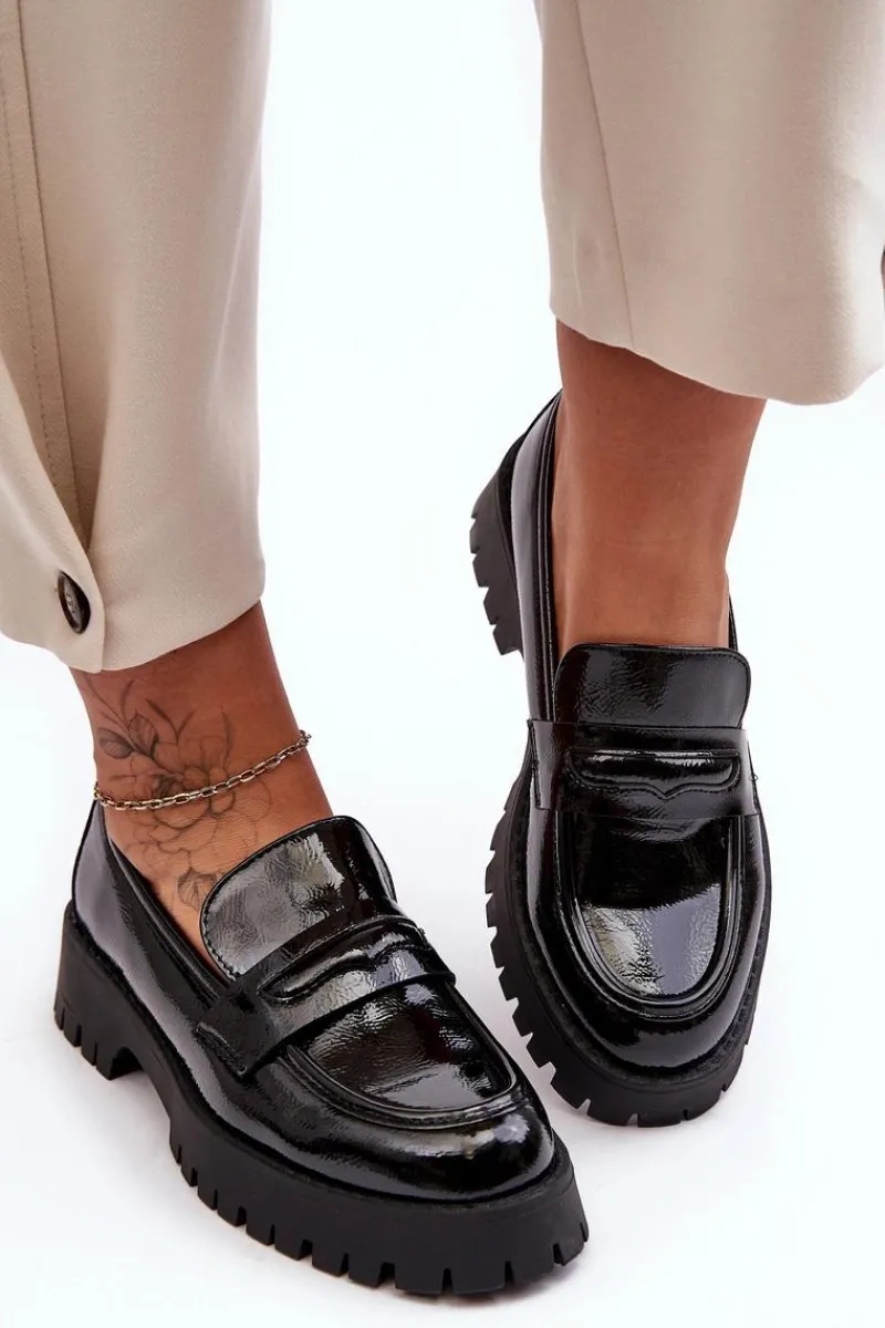 Mokasyny Damskie Lakierowane>Boto Lakierowane Półbuty Loafersy Na Płaskim Obcasie Czarne Jannah