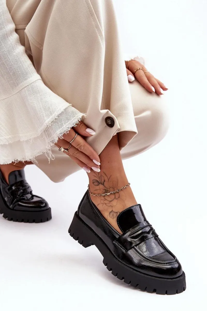 Mokasyny Damskie Lakierowane>Boto Lakierowane Półbuty Loafersy Na Płaskim Obcasie Czarne Jannah