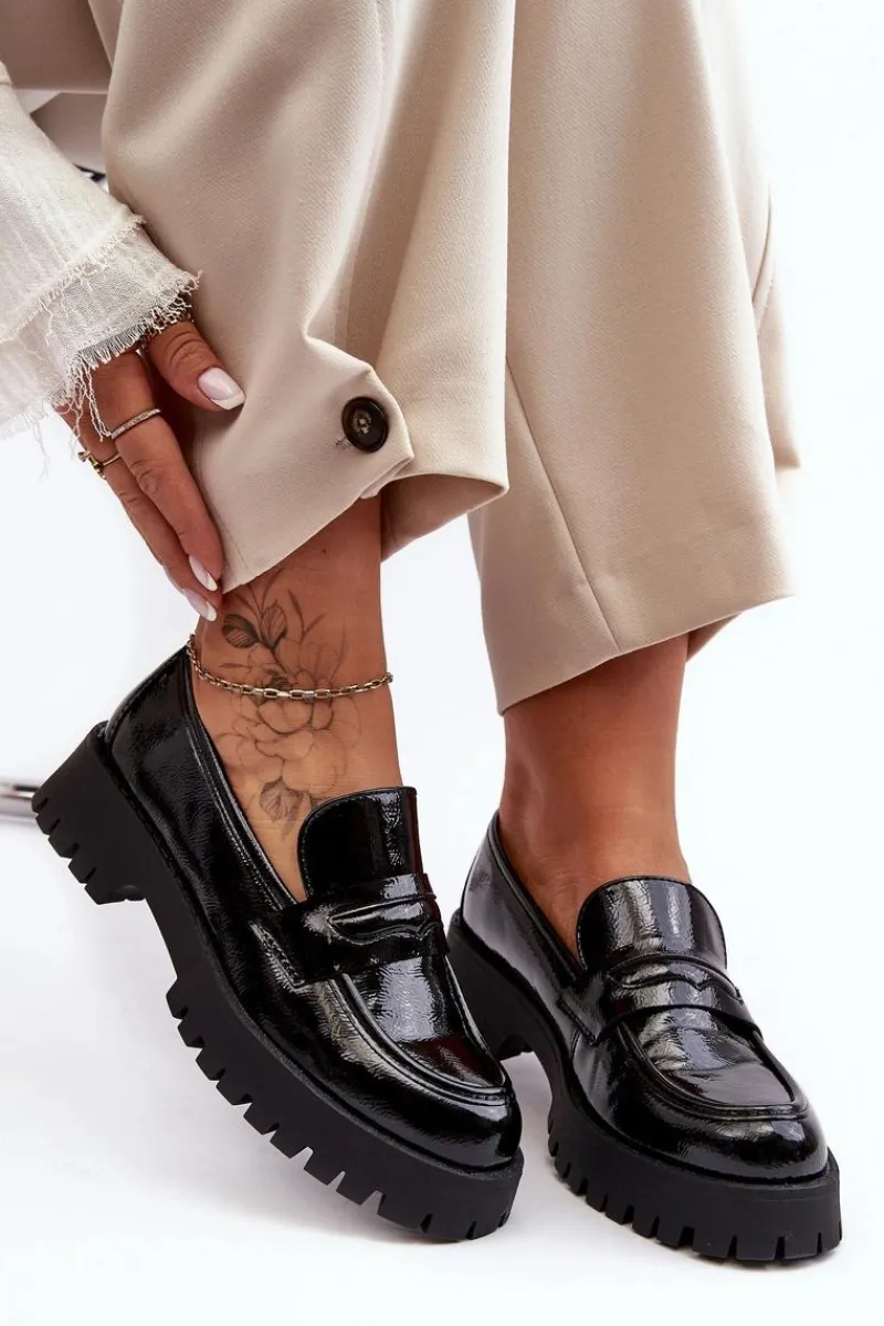 Mokasyny Damskie Lakierowane>Boto Lakierowane Półbuty Loafersy Na Płaskim Obcasie Czarne Jannah