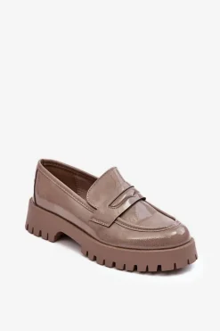 Hot Lakierowane Półbuty Loafersy Na Płaskim Obcasie Beżowe Jannah Damskie Mokasyny Damskie Lakierowane