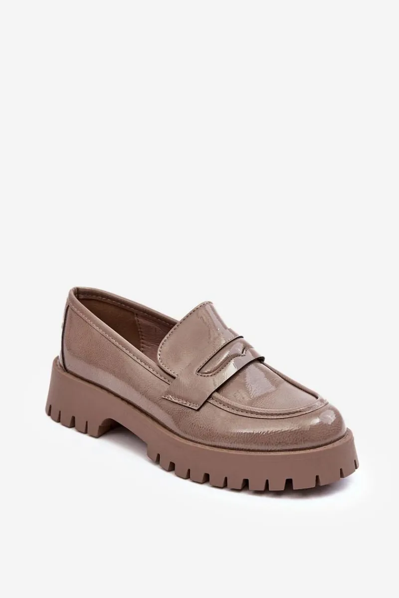 Hot Lakierowane Półbuty Loafersy Na Płaskim Obcasie Beżowe Jannah Damskie Mokasyny Damskie Lakierowane