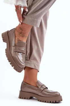 Hot Lakierowane Półbuty Loafersy Na Płaskim Obcasie Beżowe Jannah Damskie Mokasyny Damskie Lakierowane