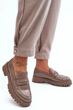 Hot Lakierowane Półbuty Loafersy Na Płaskim Obcasie Beżowe Jannah Damskie Mokasyny Damskie Lakierowane