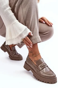 Hot Lakierowane Półbuty Loafersy Na Płaskim Obcasie Beżowe Jannah Damskie Mokasyny Damskie Lakierowane