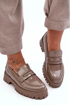 Hot Lakierowane Półbuty Loafersy Na Płaskim Obcasie Beżowe Jannah Damskie Mokasyny Damskie Lakierowane