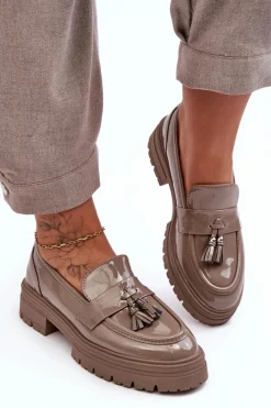 Best Boto Lakierowane Półbuty Loafersy Z Frędzlami Ciemnobeżowe Velenase