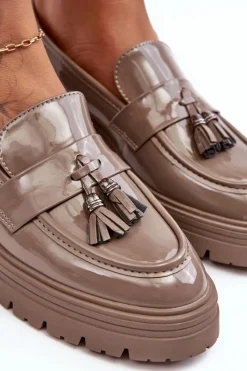 Best Boto Lakierowane Półbuty Loafersy Z Frędzlami Ciemnobeżowe Velenase