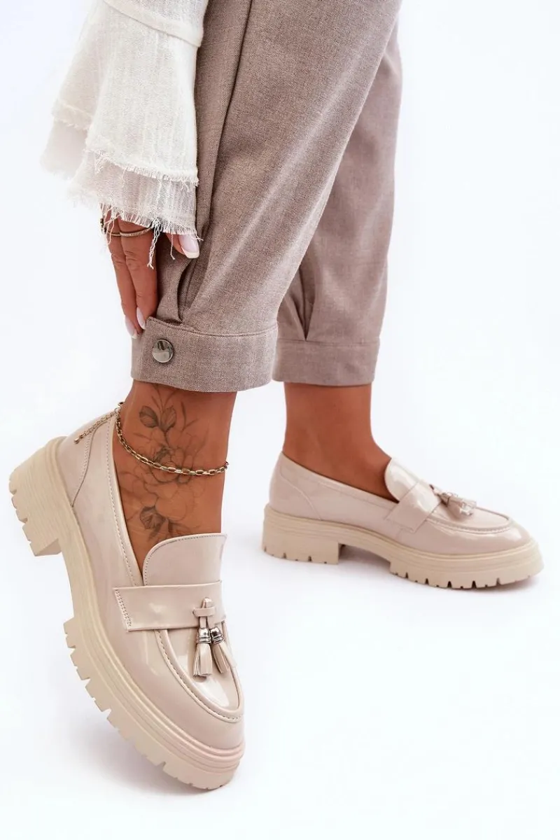 Clearance Lakierowane Półbuty Loafersy Z Frędzlami Jasnobeżowe Velenase Damskie Mokasyny Damskie Lakierowane