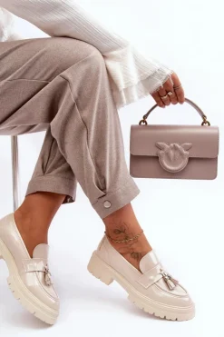 Clearance Lakierowane Półbuty Loafersy Z Frędzlami Jasnobeżowe Velenase Damskie Mokasyny Damskie Lakierowane