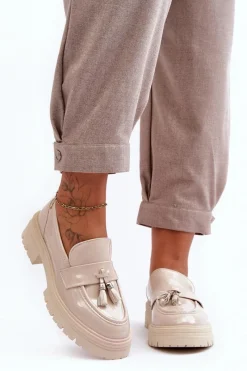 Clearance Lakierowane Półbuty Loafersy Z Frędzlami Jasnobeżowe Velenase Damskie Mokasyny Damskie Lakierowane