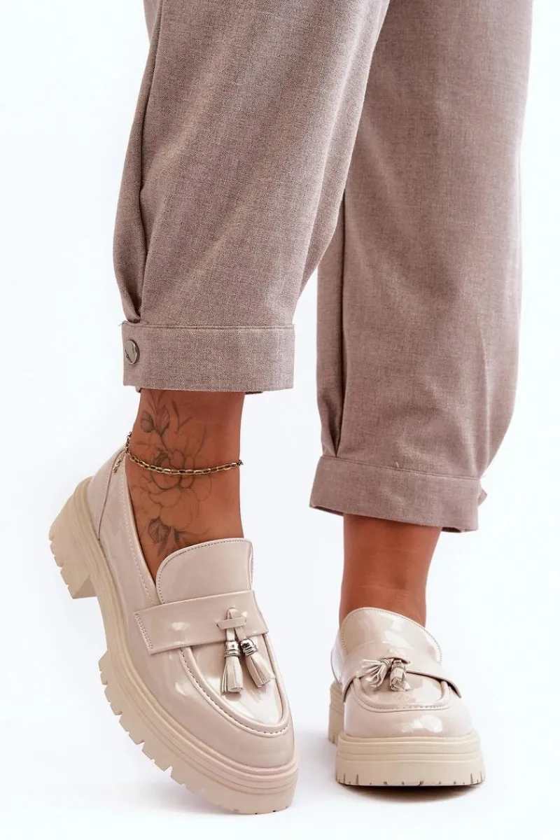 Clearance Lakierowane Półbuty Loafersy Z Frędzlami Jasnobeżowe Velenase Damskie Mokasyny Damskie Lakierowane