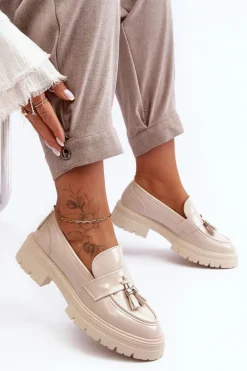 Clearance Lakierowane Półbuty Loafersy Z Frędzlami Jasnobeżowe Velenase Damskie Mokasyny Damskie Lakierowane