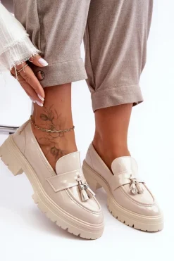 Clearance Lakierowane Półbuty Loafersy Z Frędzlami Jasnobeżowe Velenase Damskie Mokasyny Damskie Lakierowane