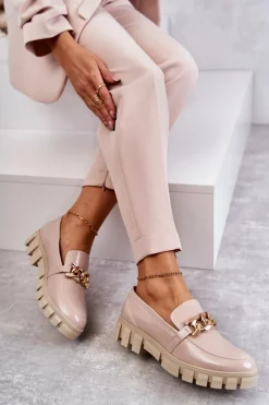 Best Buty Sergio Leone Lakierowane Półbuty Loafery Na Platformie Beżowe Inger