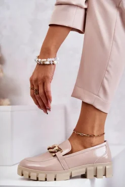 Best Buty Sergio Leone Lakierowane Półbuty Loafery Na Platformie Beżowe Inger