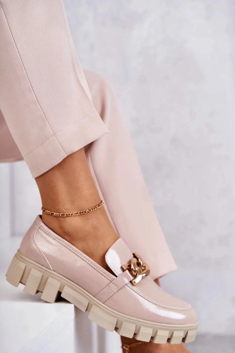 Best Buty Sergio Leone Lakierowane Półbuty Loafery Na Platformie Beżowe Inger