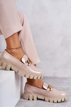 Best Buty Sergio Leone Lakierowane Półbuty Loafery Na Platformie Beżowe Inger