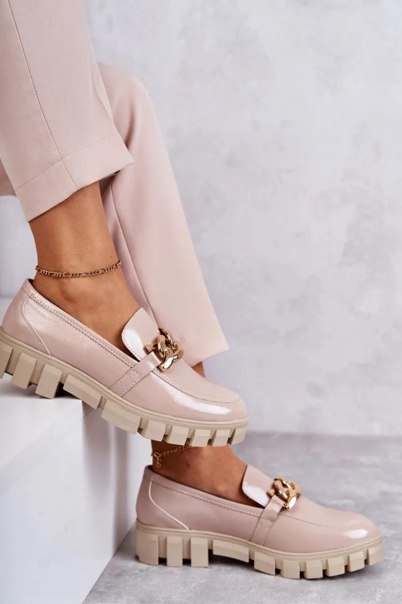 Best Buty Sergio Leone Lakierowane Półbuty Loafery Na Platformie Beżowe Inger