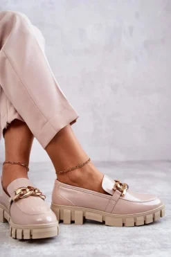 Best Buty Sergio Leone Lakierowane Półbuty Loafery Na Platformie Beżowe Inger