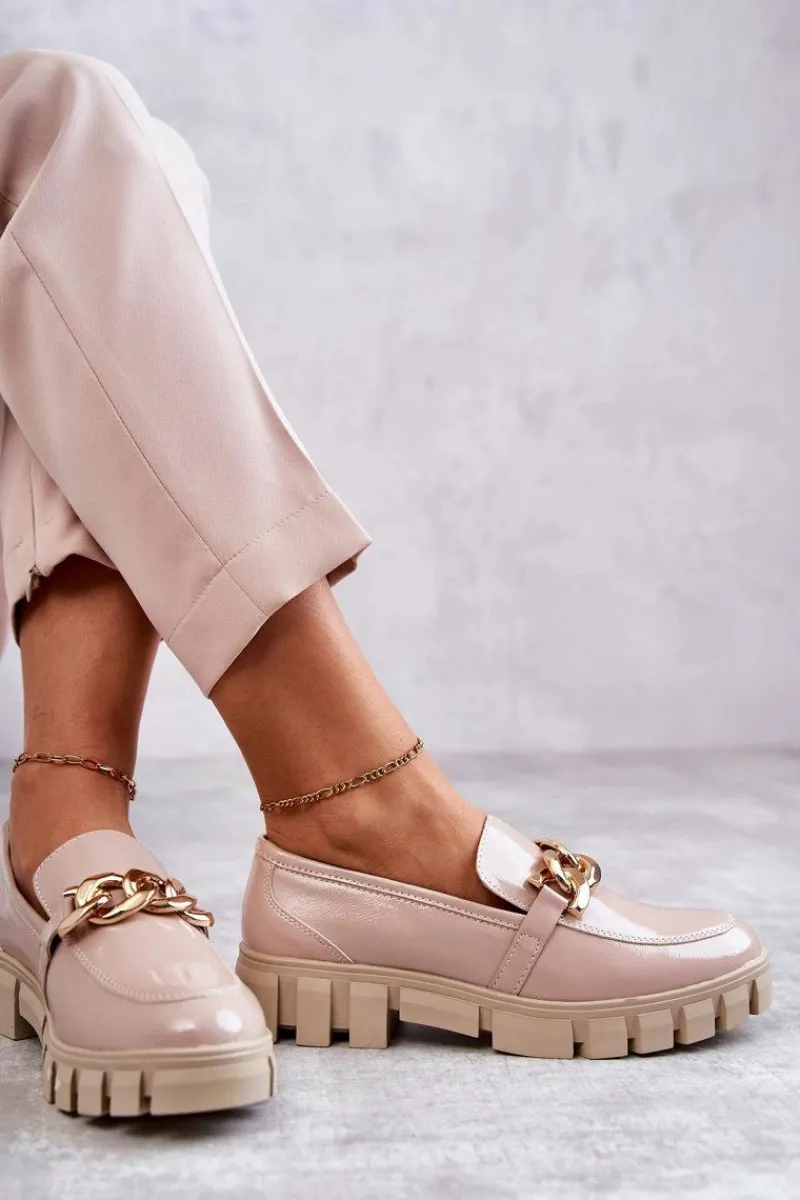 Best Buty Sergio Leone Lakierowane Półbuty Loafery Na Platformie Beżowe Inger