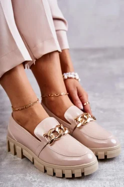 Best Buty Sergio Leone Lakierowane Półbuty Loafery Na Platformie Beżowe Inger