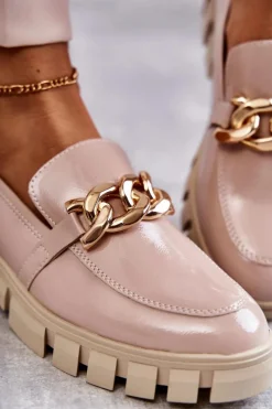 Best Buty Sergio Leone Lakierowane Półbuty Loafery Na Platformie Beżowe Inger