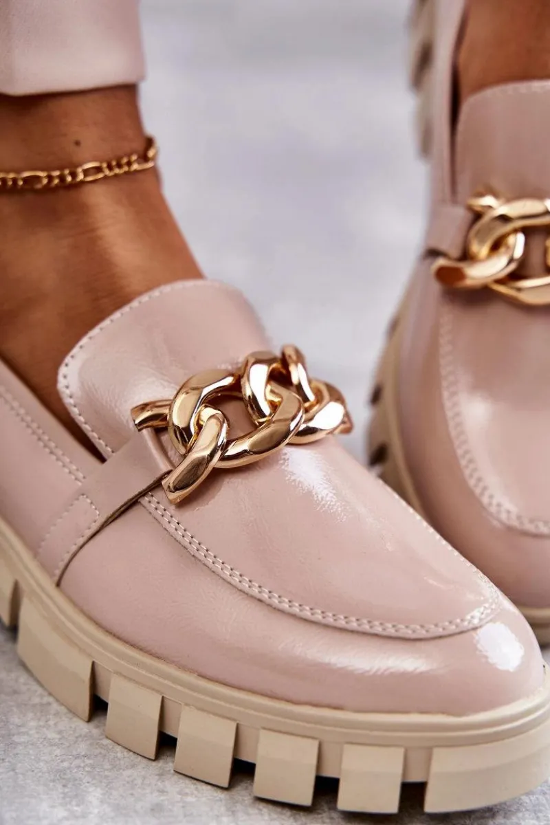 Best Buty Sergio Leone Lakierowane Półbuty Loafery Na Platformie Beżowe Inger