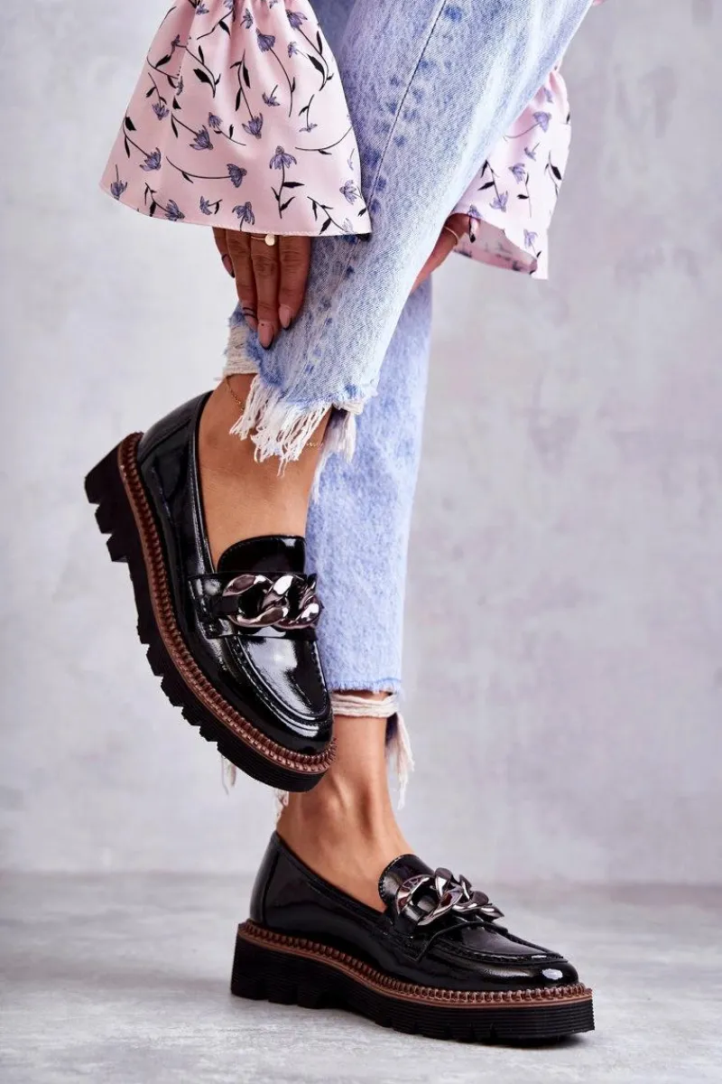 New Lakierowane Półbuty Loafery Na Platformie Czarne Reidun Damskie Półbuty Lakierowane|Mokasyny Damskie Lakierowane